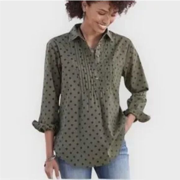 Sundance Lively Days Tunic Polka Dot Henley Blouse Top Coquette Olive Green - Picture 1 of 8